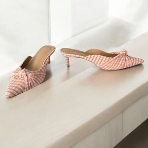 JustFab Freya Peach Gingham Bow Mule Kitten Heel Pumps Size 10 New